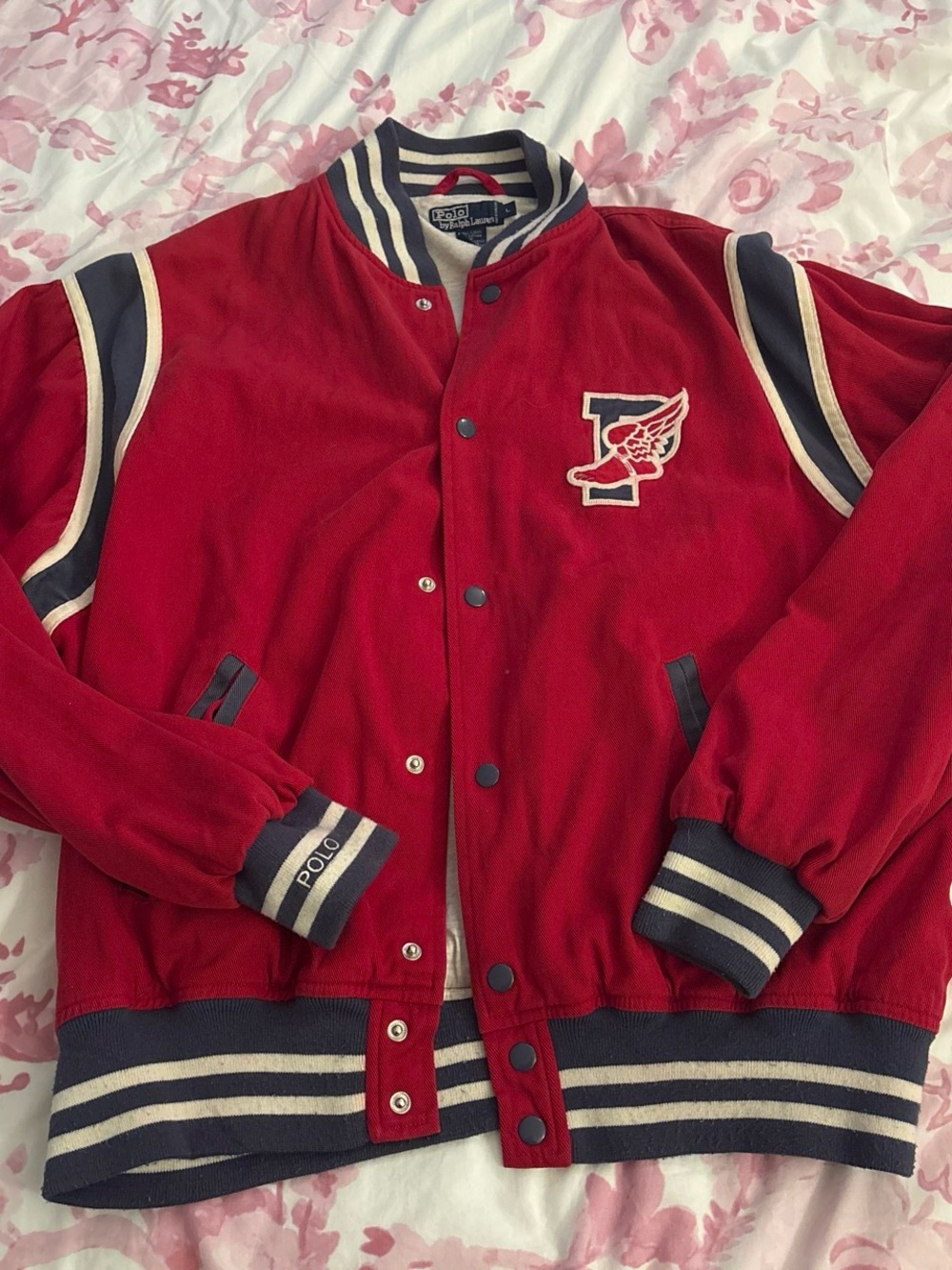 Polo by Ralph Lauren Red Varsity Bomber Jacket with Navy & Cream Trim